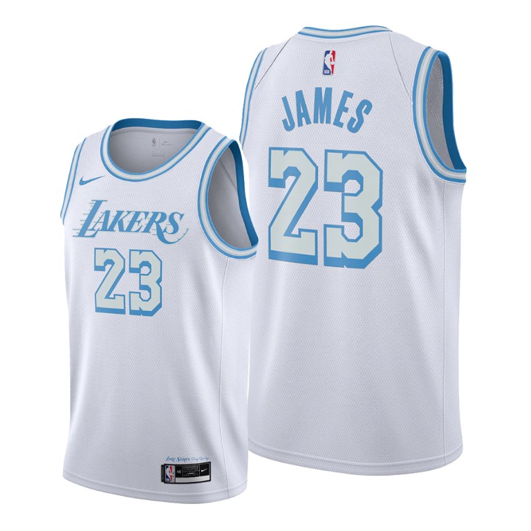 Men's Los Angeles Lakers LeBron James #23 NBA Logo Blue Silver 2020-21 New City Edition White Basketball Jersey YOT4683AB